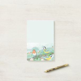 Vogels zingen op een bloeiende boomtak post-it® notes