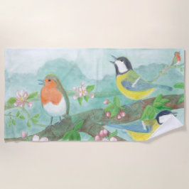 Vogels zingen op een bloeiende boomtak strandlaken