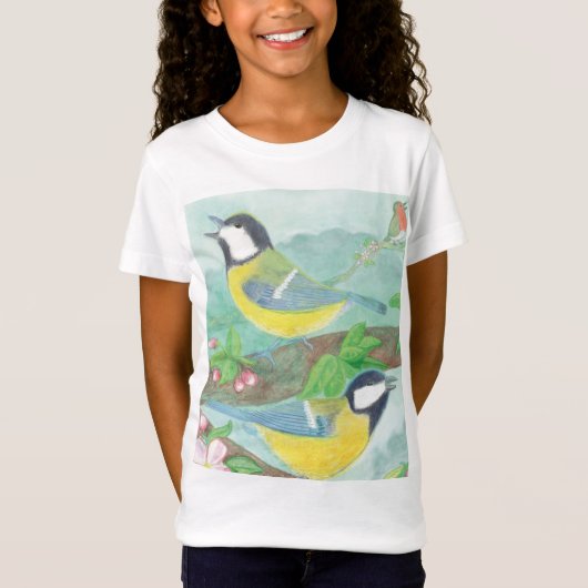 Vogels zingen op een bloeiende boomtak t-shirt (Voorkant)