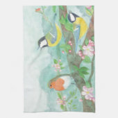 Vogels zingen op een bloeiende boomtak theedoek (Verticaal)