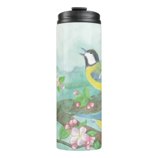 Vogels zingen op een bloeiende boomtak thermosbeker (Voorkant)