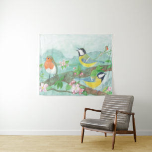 Vogels zingen op een bloeiende boomtak wandkleed