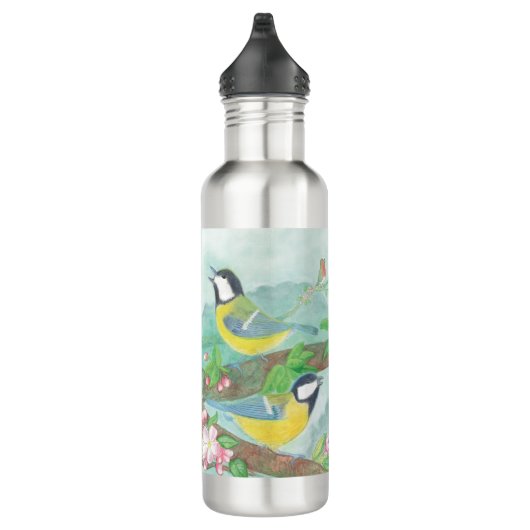 Vogels zingen op een bloeiende boomtak waterfles  (Rechts)