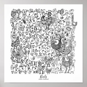 Vogels zwart en wit, illustratie poster