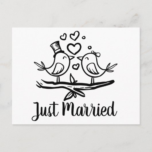 Vogels Zwart Wit Lovebirds Just Married Wedding Aankondigingskaart (Voorkant)