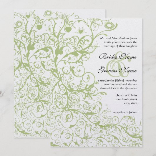 Vogels Zwirls#27 Wedding Invitation Green Hydrange Kaart (Voorkant / Achterkant)