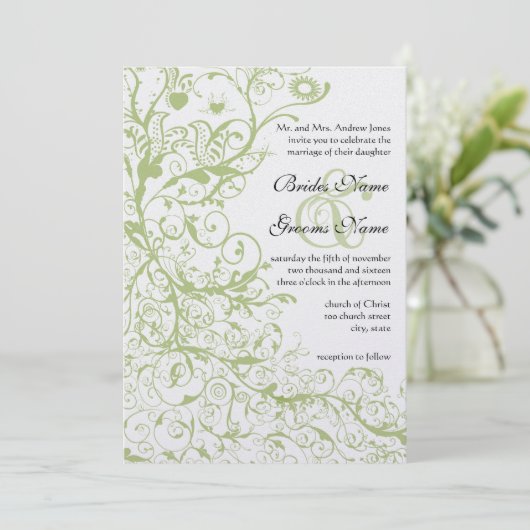 Vogels Zwirls#27 Wedding Invitation Green Hydrange Kaart (Staand voorkant)