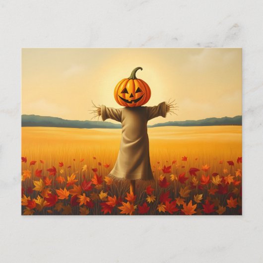 Vogelscheuche mit Kürbiskopf im Herbst Laub Briefkaart (Voorkant)