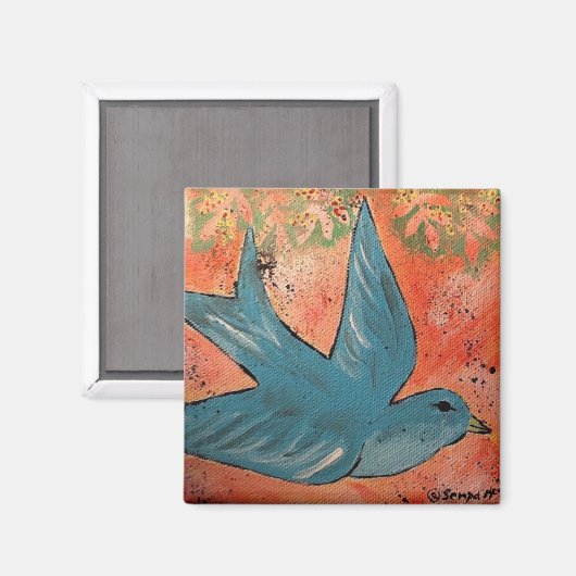 Vogelschilderij vliegen 6" X 6" canvas 2017 Magneet (Voorkant / Achterkant)