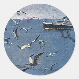 vogelsoorten, zeegarren en Vissende boten Ronde Sticker
