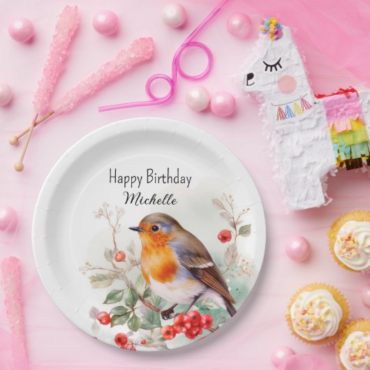  vogelstand Robin RedborborstHappy Birthday Name Papieren Bordje (Feest)