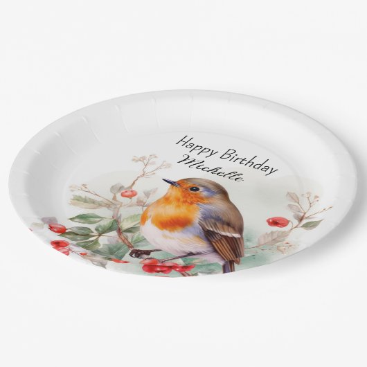 vogelstand Robin RedborborstHappy Birthday Name Papieren Bordje (Gekanteld)