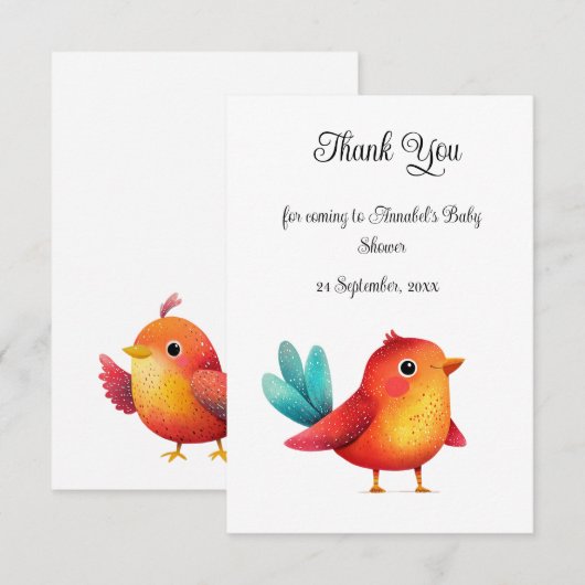 Vogelthema Baby shower Schattigee Waterverf Bedankkaart (Voorkant / Achterkant)