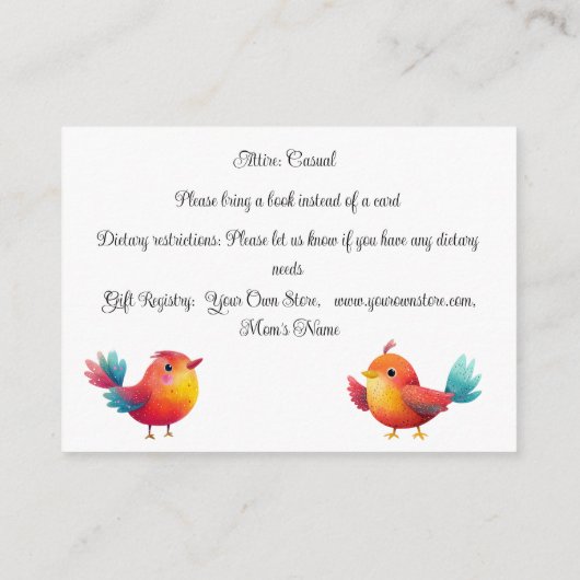 Vogelthema Baby shower Schattigee Waterverf Informatiekaartje (Achterkant)