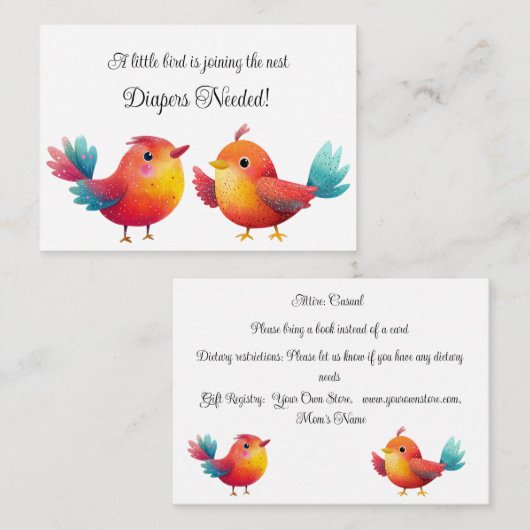 Vogelthema Baby shower Schattigee Waterverf Informatiekaartje (Voorkant / Achterkant)