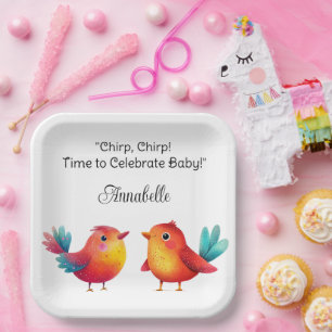 Vogelthema Baby shower Schattigee Waterverf Papieren Bordje