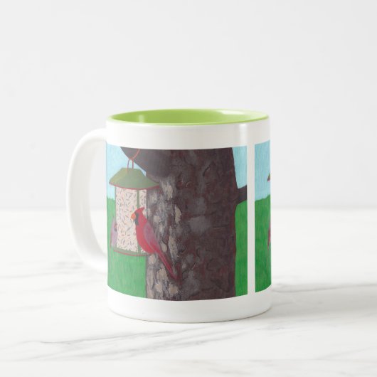  vogeltjes, kardinalen bij de feeder, mokken (Voorkant links)