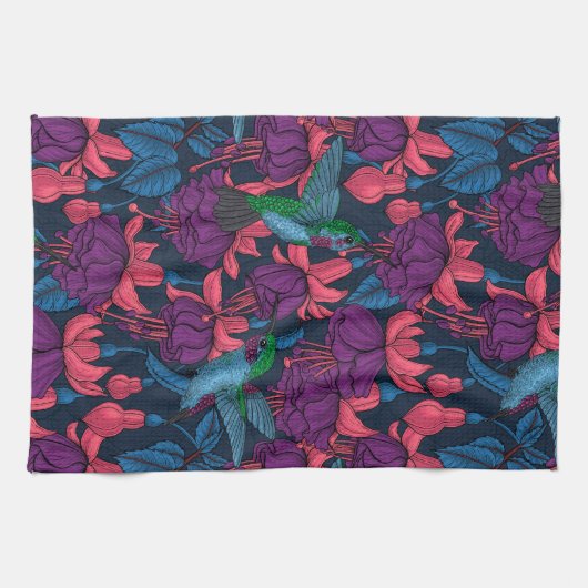 Vogeltuin in het paars en blauw theedoek (Horizontaal)