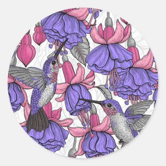 Vogeltuin in melroos en roze ronde sticker (Voorkant)