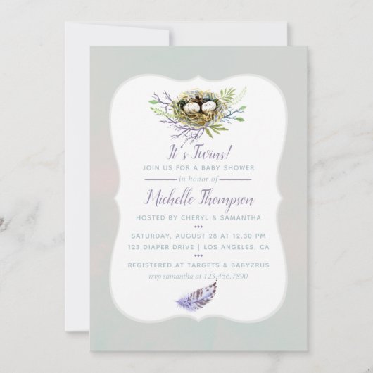 Vogeluitnodiging via het Baby shower Nest Twins Kaart (Voorkant)