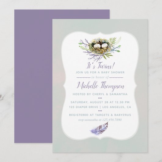 Vogeluitnodiging via het Baby shower Nest Twins Kaart (Voorkant / Achterkant)