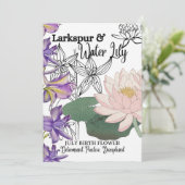 Vogelventiel, juli, Larkspur, Water Lily, Birthday Feestdagenkaart (Staand voorkant)