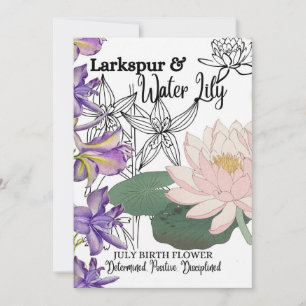 Vogelventiel, juli, Larkspur, Water Lily, Birthday Feestdagenkaart