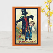 Vogelverschrikker met hoge hoed Vintage Halloween Kaart (Gele Bloem)