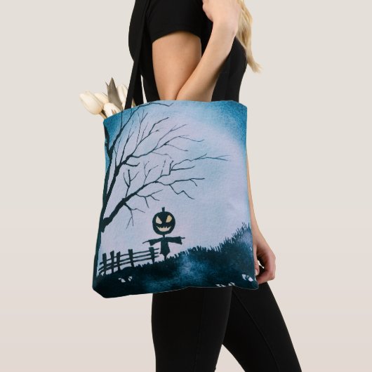 vogelverschrikker met Jack-O' Lantern Head Hallowe Tote Bag (Dichtbij)
