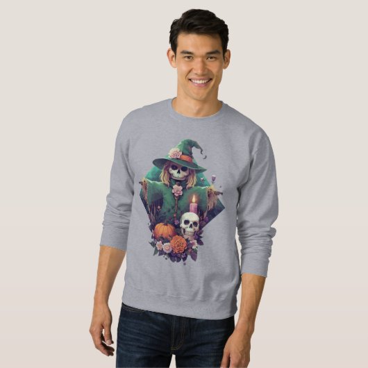 Vogelverschrikker met pompoen en bloemen Pixel Art Trui (Voorkant volledig)