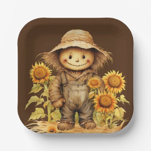 vogelverschrikker met zonnebloem papieren bordje (Voorkant)