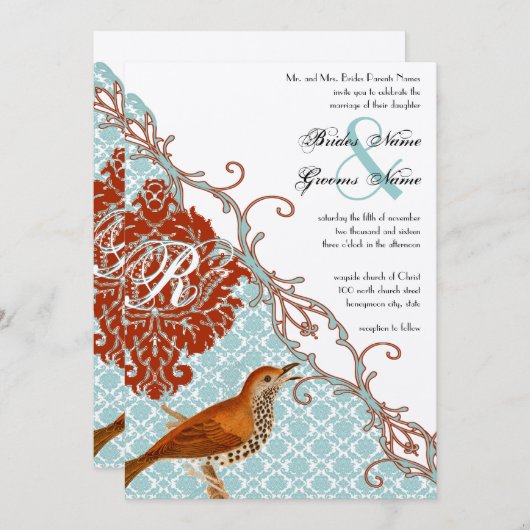 vogelverschrikkingen Roodduif Damask Wedding Kaart (Voorkant / Achterkant)