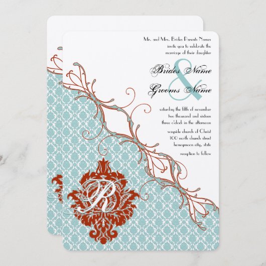  vogelverschrikkingen Roodduif Damask Wedding Kaart (Voorkant / Achterkant)