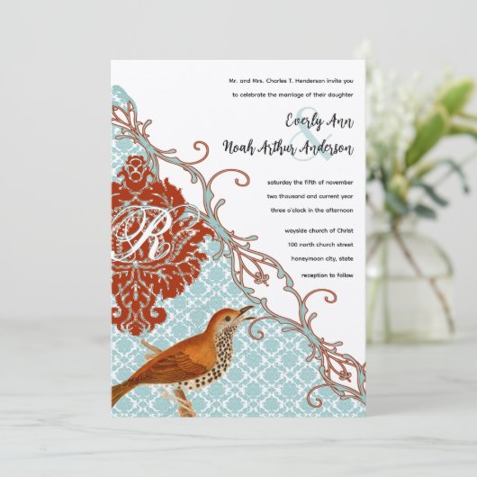  vogelverschrikkingen Roodduif Damask Wedding Kaart (Staand voorkant)