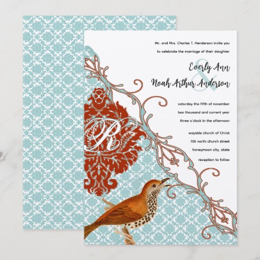 vogelverschrikkingen Roodduif Damask Wedding Kaart (Voorkant / Achterkant)