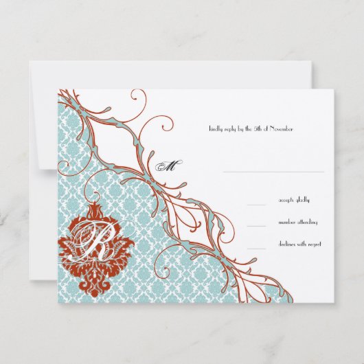  vogelverschrikkingen Roodduif Damask Wedding RSVP Kaartje (Voorkant)