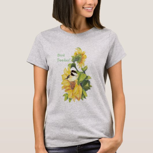 Vogelvoeder met Humor op zonnebloemen T-shirt (Voorkant)