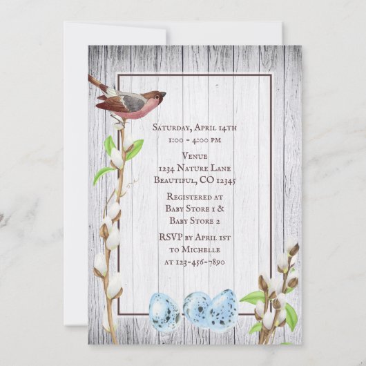 Vogelvogels, eieren en schrammen op Baby shower va Kaart (Achterkant)