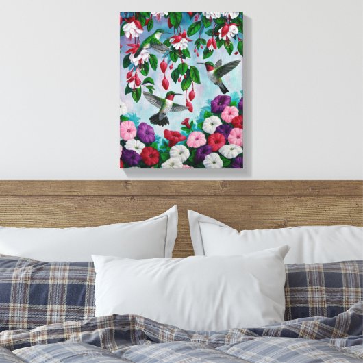 Vogelvogels in de bloemenhok van Fuchsia Canvas Afdruk (Insitu (Slaapkamer))