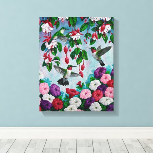 Vogelvogels in de bloemenhok van Fuchsia Canvas Afdruk (Insitu (Houten vloer))