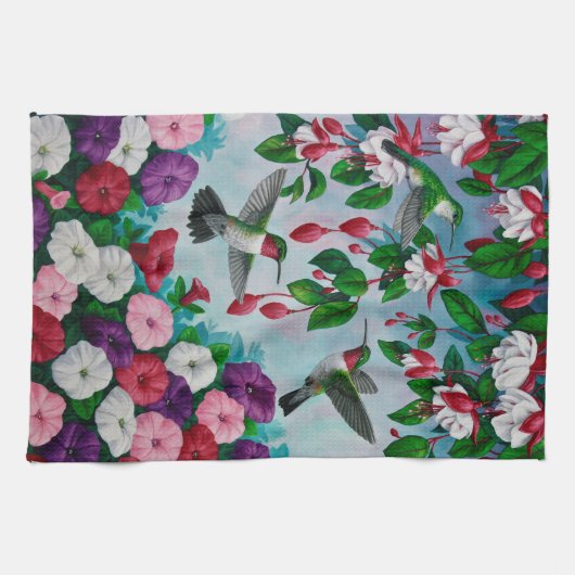 Vogelvogels in de bloemenhok van Fuchsia Theedoek (Horizontaal)