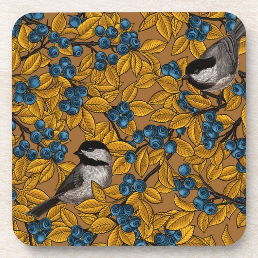 Vogelvogels op blauwbes-takken bier onderzetter (Voorkant)