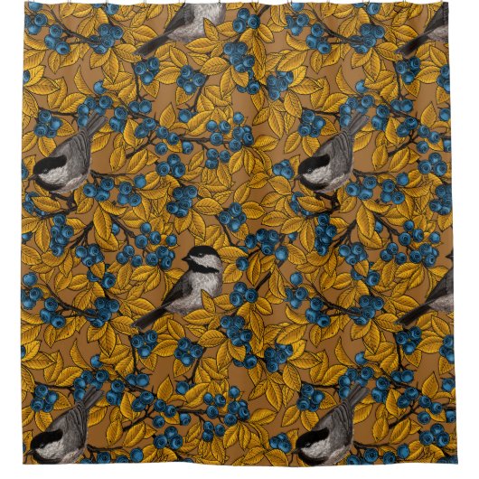 Vogelvogels op blauwbes-takken douchegordijn (Voorkant)