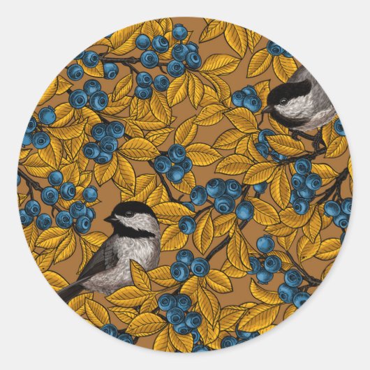 Vogelvogels op blauwbes-takken ronde sticker (Voorkant)