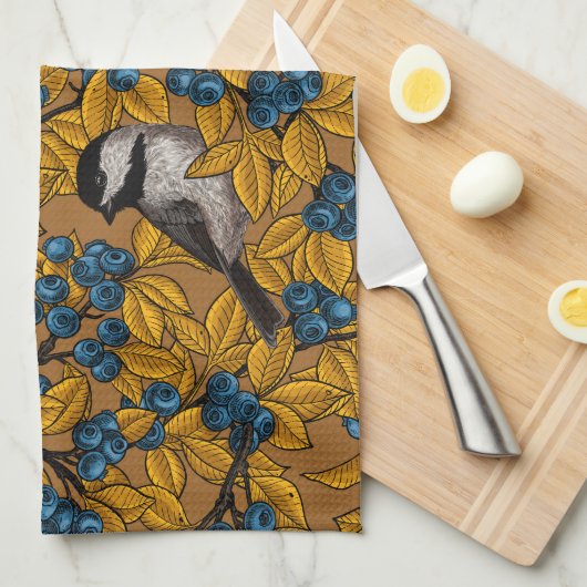 Vogelvogels op blauwbes-takken theedoek (Quarter Fold)