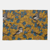 Vogelvogels op blauwbes-takken theedoek (Horizontaal)