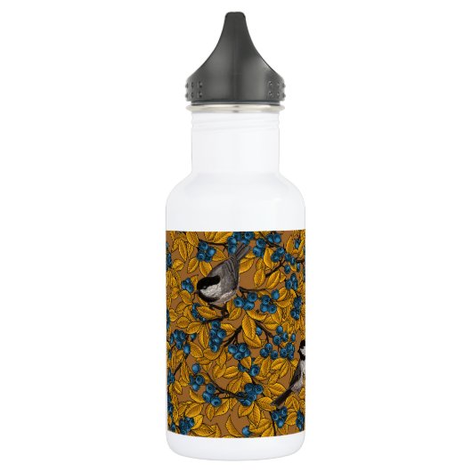 Vogelvogels op blauwbes-takken waterfles (Links)