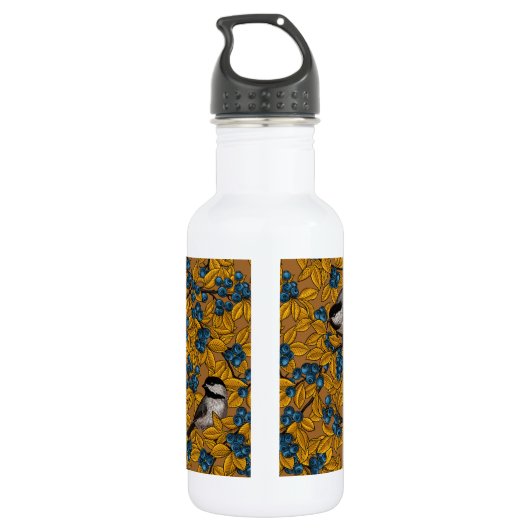 Vogelvogels op blauwbes-takken waterfles (Achterkant)