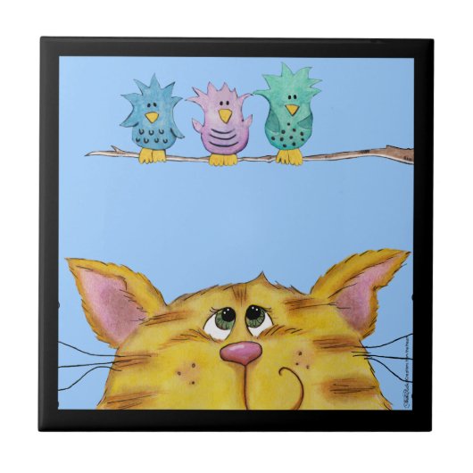 Vogelwaarnemer-kat kijkt vogels boven tegeltje (Voorkant)