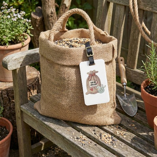 Vogelzaadzak met boog en hart bagagelabel